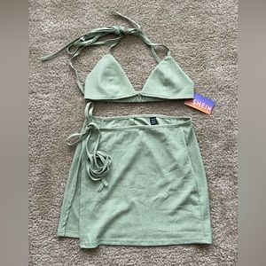 Backless halter top/wrap skirt bikini cover-up